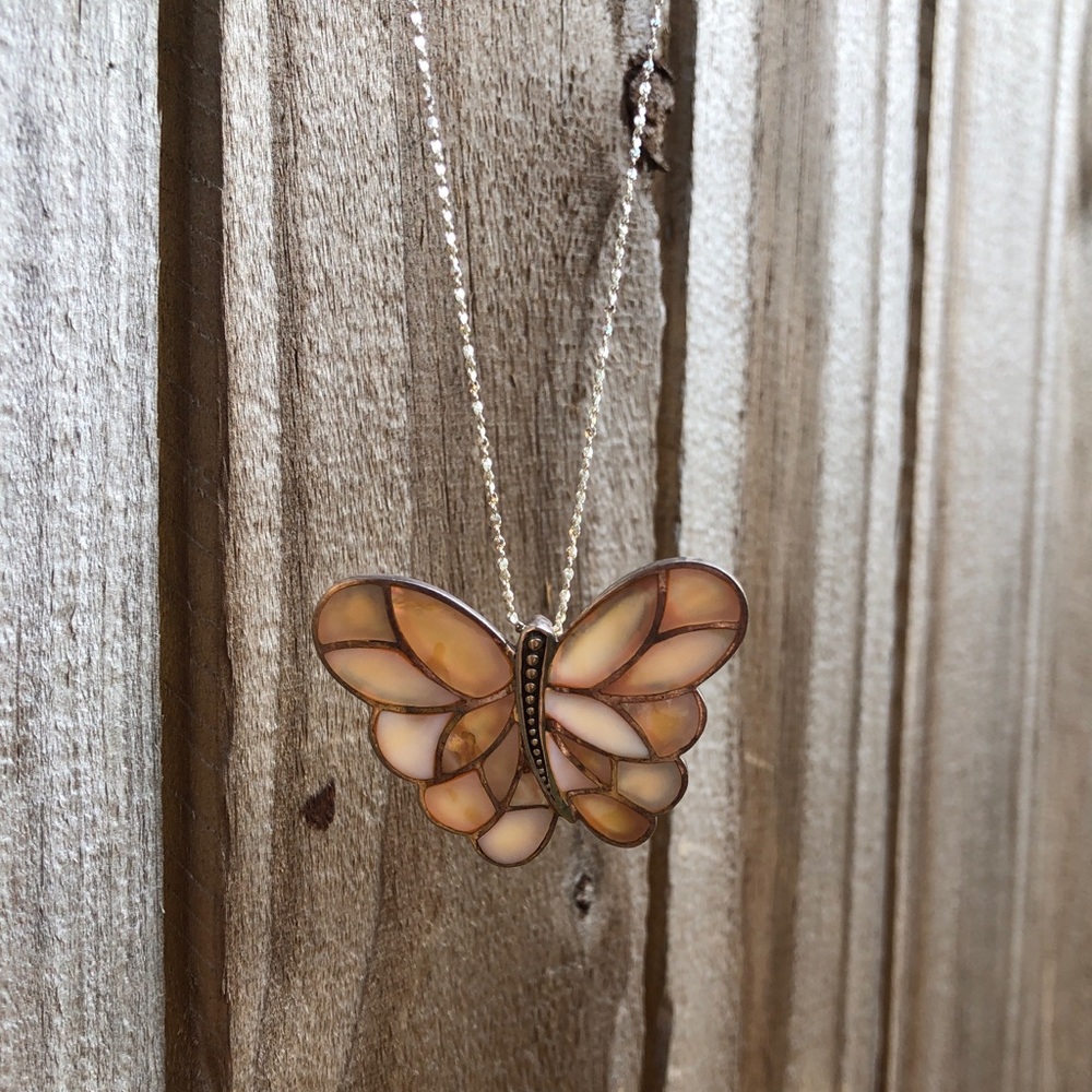 Butterfly pendant mother of pearl and silver 20”